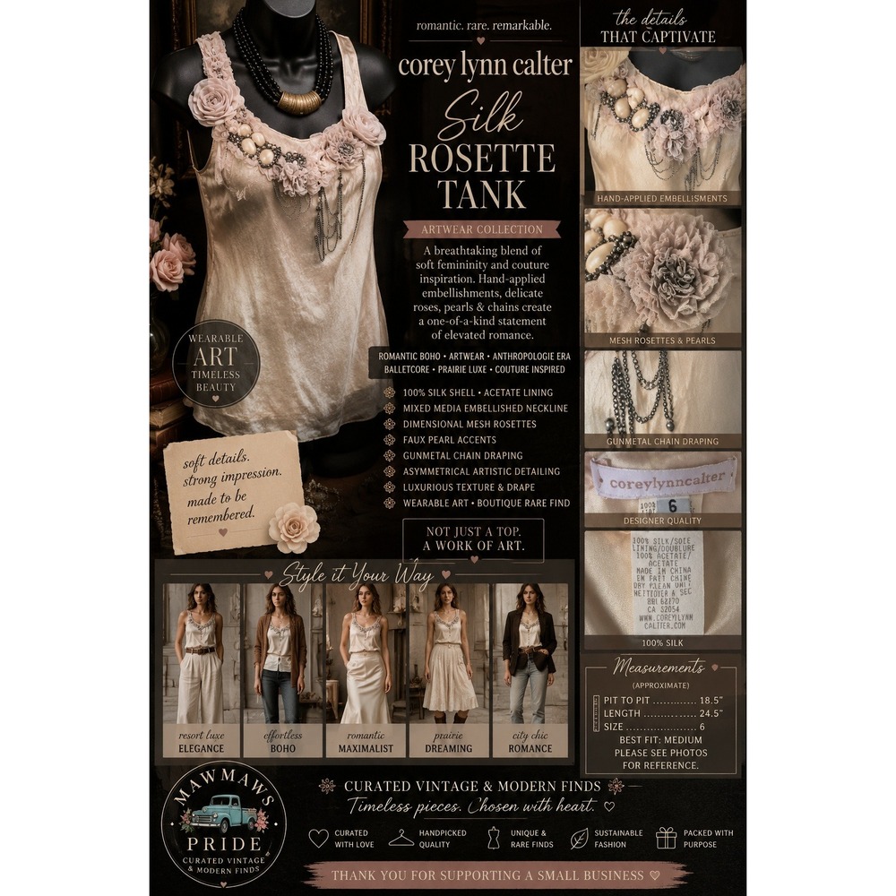 Corey Lynn Calter Silk Rosette Tank Top Cream Embellished Artwear Boho Romantic‎